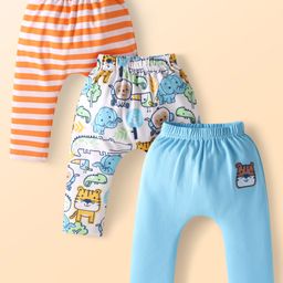 Babyhug Cotton Knit Full Length Diaper Leggings with Strips & Animal Print Pack of 3 - Orange White & Light Blue-image-89