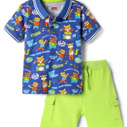 Babyhug Single Jersey Knit Half Sleeves Polo T-Shirt and Shorts Set With Animal Print - Blue & Limegreen-image-48
