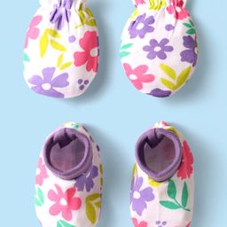 Babyhug 100% Cotton Knit Mittens And Booties with Floral Print - White-picture-12