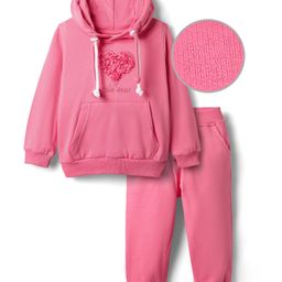 Mark & Mia Terry Knit Full Sleeves Winter Wear Hooded Sweatshirt & Lounge Pant Set With Kangaroo Pocket & Floral Applique - Pink-image-61