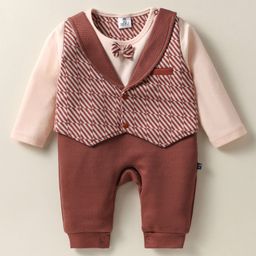 Mini Taurus Interlock Knit Full Sleeves Party Romper with Bow Applique & Print - Rust Orange-image-18