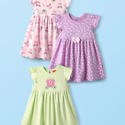 Babyhug Single Jersey Knit Frill Sleeves Frock with Polka Dot Print & Bow Applique Pack of 3 - Light Green Lavender & Pink-image-70