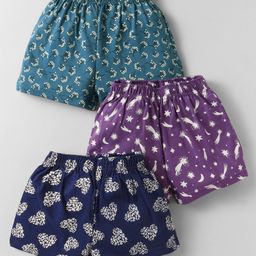 CUCUMBER Sinker Knit Above Knee Length Shorts With Floral & Hearts Print Pack Of 3 - Light Blue Purple & Navy Blue-image-82