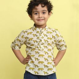 Kinder Kids Cotton Woven Three Fourth Sleeves Leopard Printed Shirt - White-image-97