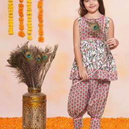 Bitiya By Bhama Cotton Woven Sleeveless Floral Printed & Gota Lace Embellished Coordinating Kurta Afghani Salwar Set - Off White-image-48