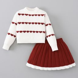 Mark & Mia Full Sleeves Sweatshirt & Skirt Set With Heart Print - White & Red-picture-43
