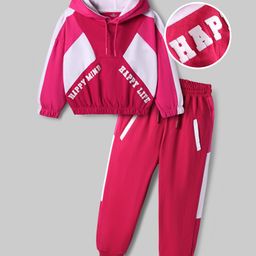 OLLINGTON ST. Cotton Knit Full Sleeves Colorblocked Hooded Top & Knit Jogger Set - White & Dark Pink-picture-29