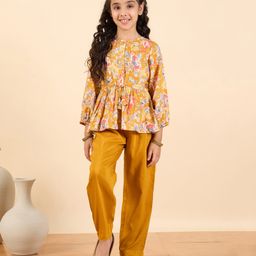 StyloBug Woven Three Fourth Sleeves Floral Printed Peplum Kurti Pant Set - Yellow-picture-22