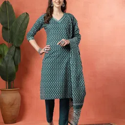 KALINI Women Ethnic Motifs Printed Regular Pure Cotton Kurta with Trousers & With Dupatta-picture-2
