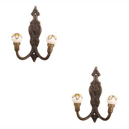IndianShelf Yellow and White 2 Pieces Floral Printed Ceramic Wall Hooks-7