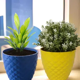 Kuber Industries Blue & Yellow 2 Pieces Diamond Textured Round Planters-image-84