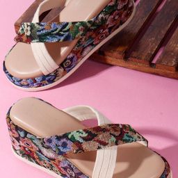 Denill Women Beige & Multicolored Floral Printed Synthetic Leather Wedge Heels-picture-38