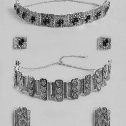 Kord Store Set of 2 Silver-Toned Oxidised Choker Jewellery Sets-image-12