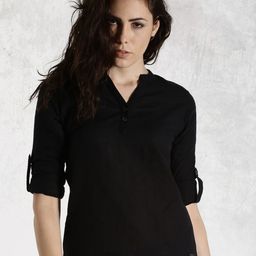 Roadster Black Pure Cotton Top With Roll-Up Sleeves-picture-6