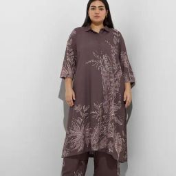 Diza by Westside Dark Brown Foliage Detailed A-Line Kurta-48