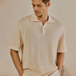 Andamen Off White Organic Cotton Relaxed Textured Polo T-Shirt-image-1