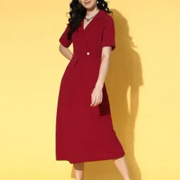Melon by Pluss Maroon Shirt Collar A-Line Dress-image-2