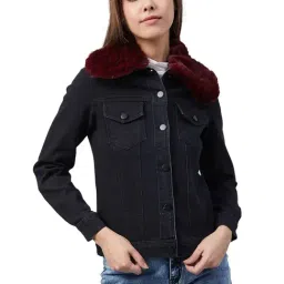 StyleStone Black Denim Jacket With Detachable Fur Collar-image-72