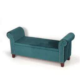 Ikiriya Queens Solid Blue Wood 2 Seater Bench Turquoise Sea Velvet Finish-33