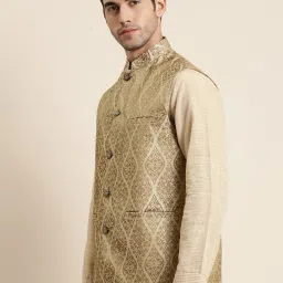 SOJANYA Beige & Gold Regular Fit Jacquard Nehru Jacket image 3