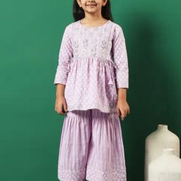 READIPRINT FASHIONS Kids Mauve Embroidered Kurti with Gharara-image-39