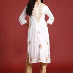 Indo Era White Cotton Embroidered Straight Kurta-image-41