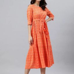UNIFY FASHION Geometric Printed Round Neck Pure Cotton Fit And Flare Dress-image-35