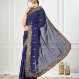 FABMORA Blue Silk Blend Embroidered Saare with Blouse Piece-image-65