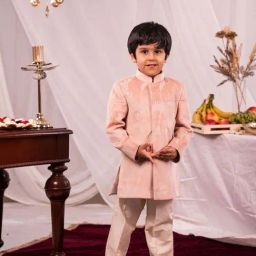 VASTRAMAY Boys Peach & Cream Embroidery Full Sleeves Indowestern Sets-image-68
