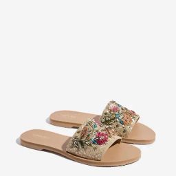 LUNA BLU by Westside Light Gold Floral Embroidered Raffia Slides-12