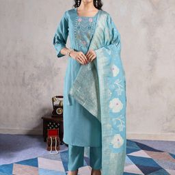 FILIB LONDON Floral Yoke Design Pure Silk Straight Kurta With Trousers & Dupatta-picture-25