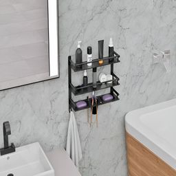 Well Set Black Stainless Steel 3-Tier Wall-Mounted Bathroom Rack with Utensil Holder-image-7