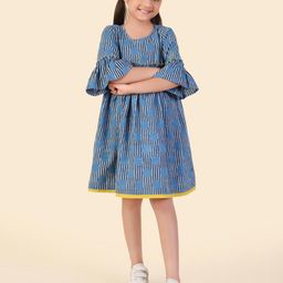 Fabindia Girls Polka Dots Print Bell Sleeve A-Line Dress-27