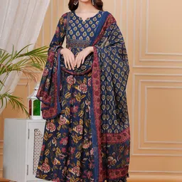Mizaz Women Floral Printed Regular Mirror Work Pure Cotton Kurta with Trousers & With Dupatta-33