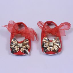 Daizy Organza Ribbon Booties With Golden Shimmer Bow - Red-image-23