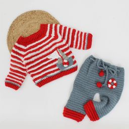 Woonie Handmade Full Sleeves Boat Embroidered Striped Pattern Sweater With Pants - Red & Grey-picture-49