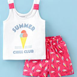 Doreme Single Jersey Knit Sleeveless Night Suit With Ice Cream Print - White & Pink-picture-29
