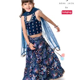 Babyhug Woven Sleeveless Velvet Floral Embroidered Halter Neck Choli with Lehenga and Net Dupatta Set - Teal Blue-image-69