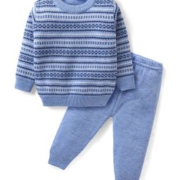 Babyhug Knit Full Sleeves Pullover Sweater & Pant Set Stripe Design - Blue-image-71