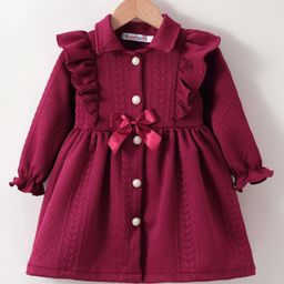 Kookie Kids Full Sleeves Shirt Style Frock with Bow & Frill Detailing - Maroon-image-36