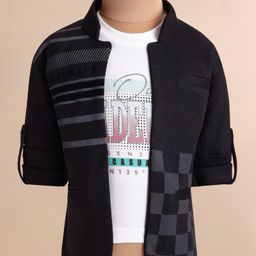 Dapper Dudes Full Sleeves Checked Jacket With Typography Printed Tee - Black-picture-6