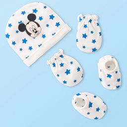 Babyhug Disney Interlock Knit Cap Mittens & Booties Set Mickey Mouse & Star Printed - White-23