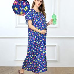 Bella Mama 100% Cotton Knit Half Sleeves Concealed Zipper Nursing Nightywith Pockets & Floral Print - Royal Blue-image-60