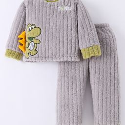 Kookie Kids Full Sleeves Winter Night Suit With Dino Applique - Grey-image-73