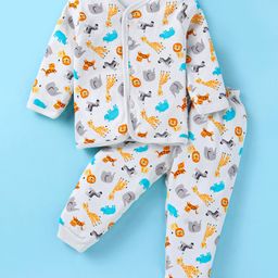 Little Darlings Interlock Full Sleeves Front Open Night Suit With Animals Print - Light Grey-picture-20