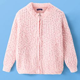 Pine Kids Knitted Full Sleeves Front Open Sweater with Cable Knit Design - Pink-image-76