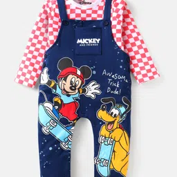 Babyhug Disney Single Jersey Knit Dungaree & Full Sleeves Checks T-Shirt With Mickey Mouse Graphics - Blue & Red-picture-12