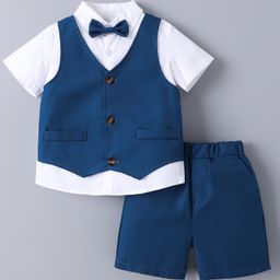 Mark & Mia Cotton Half Sleeves Solid Party Suit with Bow Detailing - Navy Blue & White-image-15