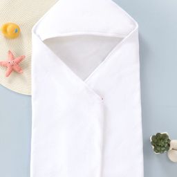 Babyhug Cotton Knit Solid Hooded Wrapper L 76 x B 76 cm - White-image-4