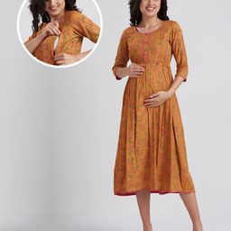 True Shape Three Fourth Sleeves Floral Printed Maternity Kurta With Concealed Zipper Nursing Access - Mustard-image-53